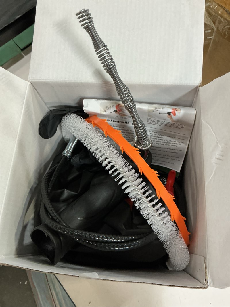Condition photo showing New/Like New for 33 ft drain snake auger, heavy duty plumbing snake for sink, tub, and shower, clog remover drain cleaner tool with gloves 33 feet