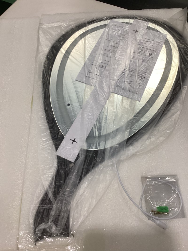 Condition photo showing New/Like New for LED Wall Mirror Irregular Asymmetrical Wall Mirror for Living Room Bathroom Entryway, Modern Decorative Mirror Hanging (Hook Style, 30'' x 18''Walnut Walnut With Led 30"L x 18"W