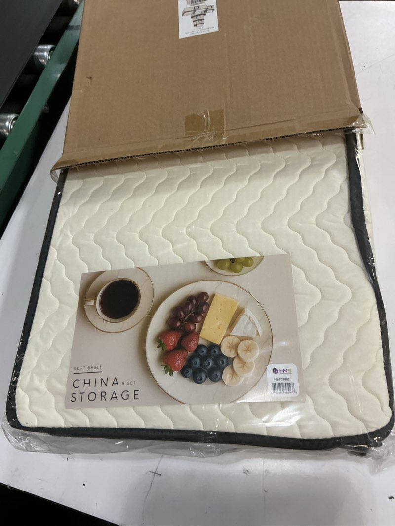 Condition photo showing New/Like New for china storage containers 5-piece set moving boxes for dinnerware, glasses, plates, mugs and saucers sturdy quilted microfiber dish organizer with dividers for seasonal storage - holds set of 12 beige 5 piece storage set