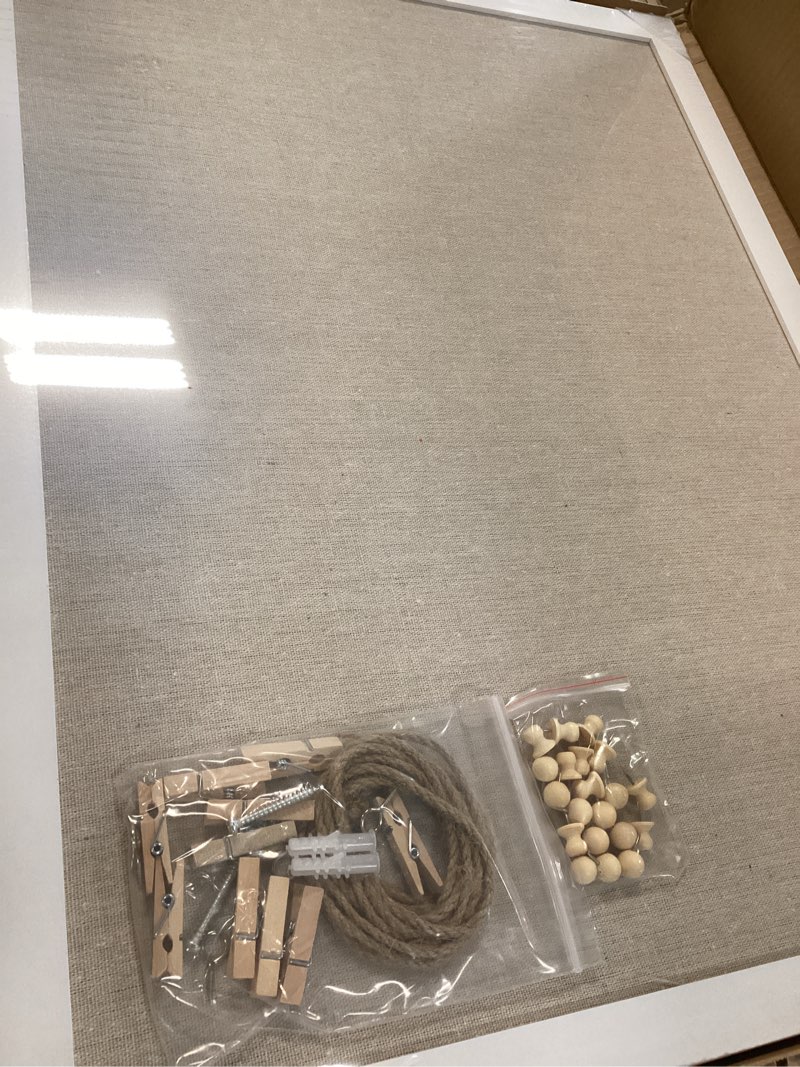 Condition photo showing Good Condition for dollar boss cork board bulletin board with linen double-sided 24" x 18" linen corkboards for walls picture display vision board for office home school framed picture pin board, 20 pushpins 10 clips white 24" x 18"