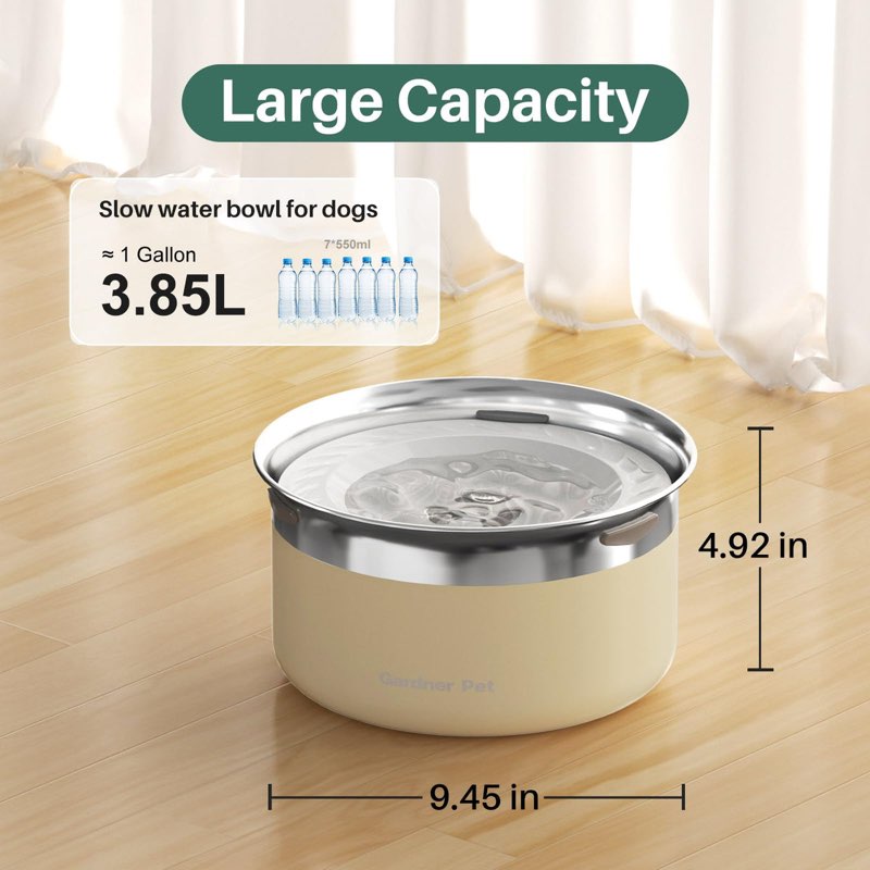 Gardner Pet Dog Bowls 1 Gallon (3.85L) Stainless Steel No Spill Water Bowl, Slow