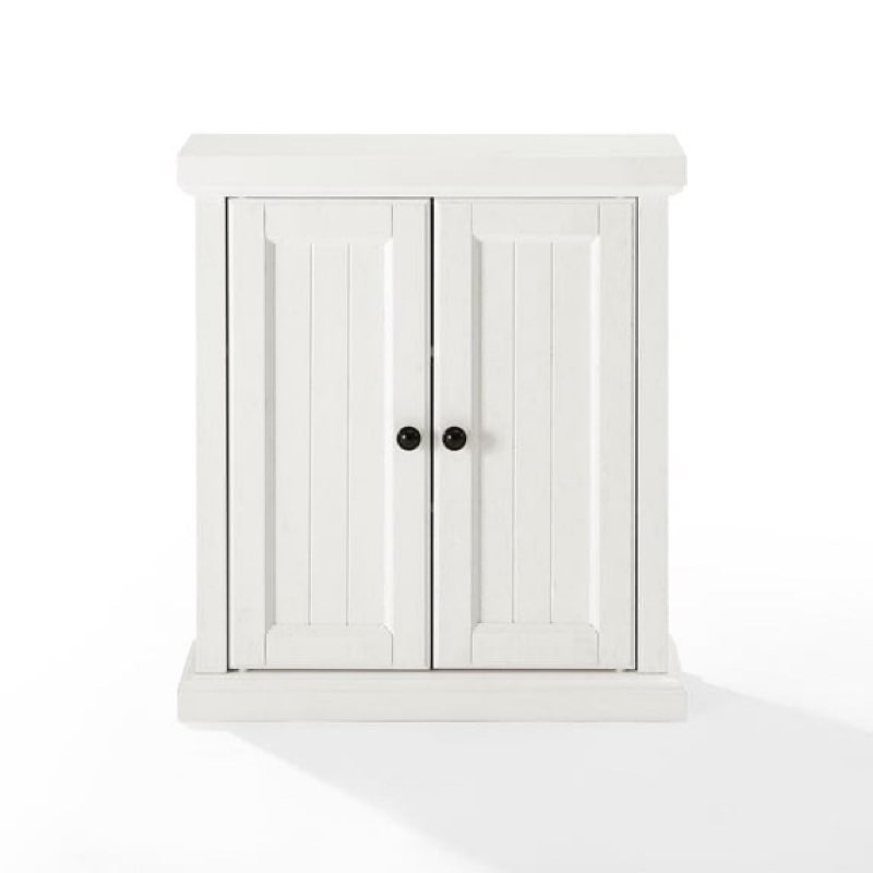 Condition photo showing New/Like New for wal cabinet - rectangular wood cabinet with shelves - bathroom organizer - distressed white finish