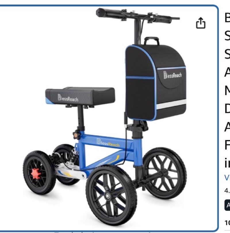 blessreach all terrain steerable knee scooter crutch alternative?deluxe medical scooter double handbrake,for adults injured ankle & foot recovery scooter in blue