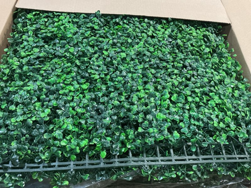 Condition photo showing New/Like New for sunnyglade 12 pieces 20"x 20" artificial boxwood panels topiary hedge plant, privacy hedge screen sun protected suitable for outdoor, indoor, garden, fence, backyard and decor (12pcs) 20in x 20in