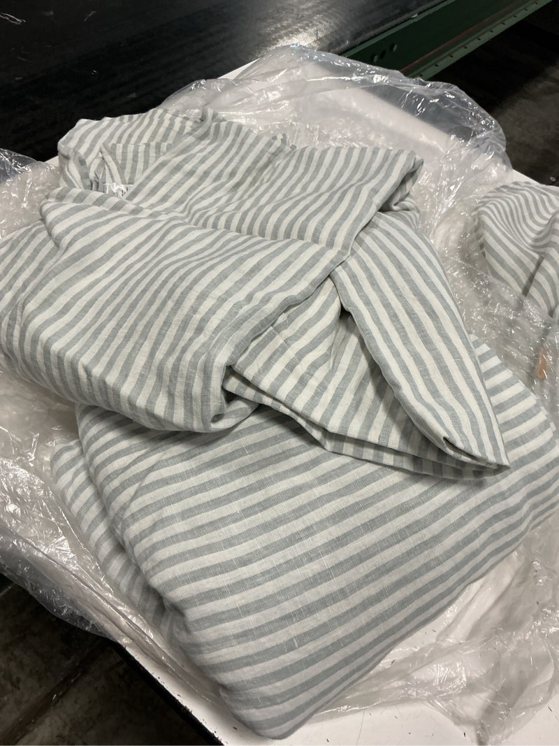Condition photo showing As Is for (incomplete)  european linen stripe duvet cover set, queen, mist/white stripe