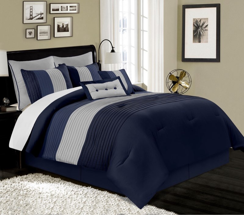 4-piece navy blue gray pleated bedding set luxury striped comforter set