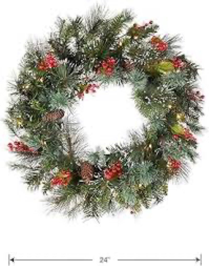 (Similar)National Tree Company 24 in Pre-Lit Wintry Pine Flocked Artificial Christmas Wreath, Christmas Decoration with Pinecones, Red Berries, 50 Clear LED Lights, 113 Tips, Timer, Green