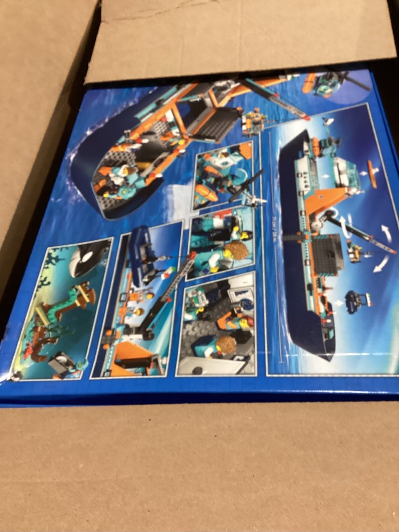 Condition photo showing Good Condition for lego city arctic explorer ship 60368 building toy set, fun toy gift for 7 year old boys and girls, with a floatable boat, helicopter, dinghy, rov sub, viking shipwreck, 7 minifigures and an orca standard packaging