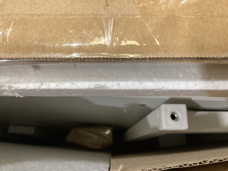 Condition photo showing As Is for Rolanstar Corner Desk, 44.5" W x 34.5" H Small Computer Desk with Power Outlets, Gaming Desks with LED Lights, Triangle Corner Table with Keyboard Tray & Monitor Stand for Small Space, White