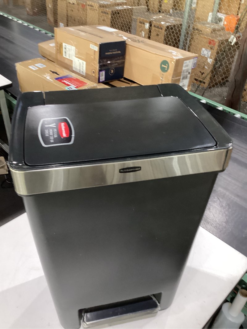 Condition photo showing New/Like New for rubbermaid premier series iii step-on trash can for home and kitchen, with stainless steel rim, 12.4 gallon, charcoal, for home/kitchen/garage/apartment/office metal rim, resin lid