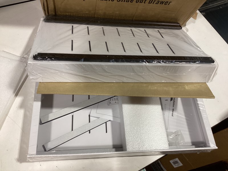 Condition photo showing Good Condition for paketa 2 pack expandable pull out cabinet organizer, 21'' deep pull out drawers for cabinets, upgrade 3 slide rails sliding drawers for cabinets with adhesive nano film (white, 21"d x 12-20"w) 21"d x 12-20"w (2 pack) white