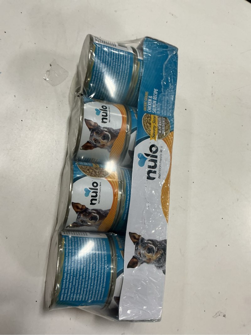 Condition photo showing New/Like New for  ( BBD : 03 /08 /2027 ) Nulo Ancient Grains Savory Stew with Whole Ingredients Puppy & Dog Food, Chicken and Salmon in Broth, 6.0 Ounce, 8 Cans Chicken & Salmon 1 Count (Pack of 8)