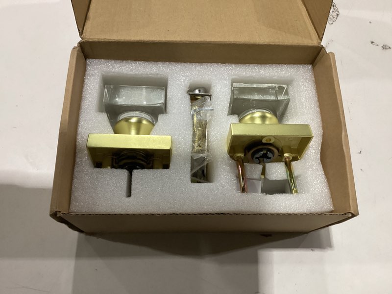 Condition photo showing New/Like New for Brushed Gold Door Knob Privacy Crystal Glass Interior Lock, Satin Brass Modern Square Bedroom Bathroom Lockable Door Handle 1 Pack Privacy Satin Brass