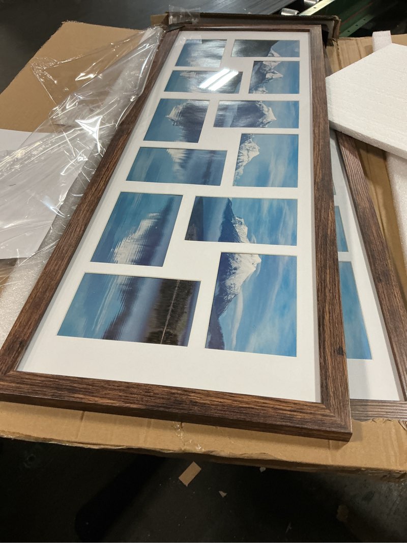 Condition photo showing New/Like New for Similar 12x22 Picture Frame Set of 2, Rustic Brown with Glass Collage Frame, Display Eight Opening 4x6 Photos With Mat or 12 x 22 Newspaper Without Mat - Horizontal or Vertical Wall Mounting 12x22 in matted to 8-4x6 Rustic Brown