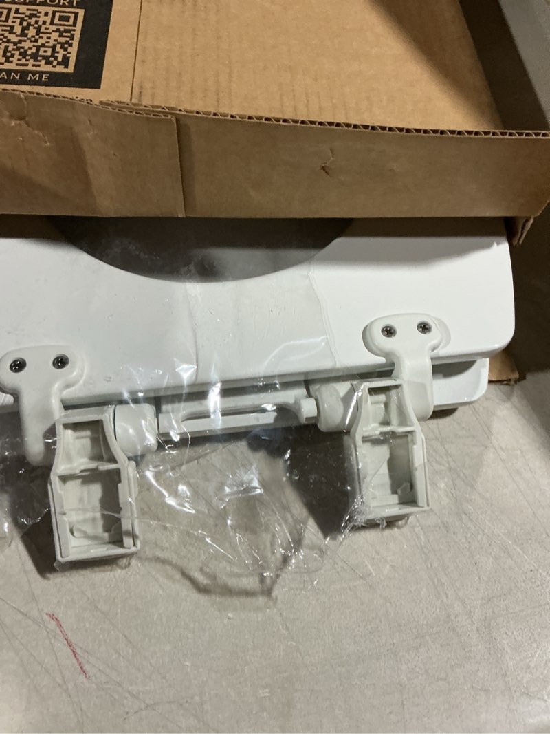 Condition photo showing As Is for mayfair nextstep2 toilet seat with built-in potty training seat, slow-close, removable that will never loosen, elongated, white elongated 2-in-1 toilet seat