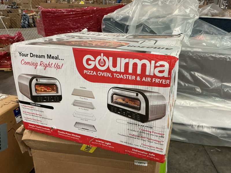 Condition photo showing As Is for Gourmia Indoor Pizza Oven Air Fryer Toaster – 1800W Countertop Multi-Cooker with Pizza Stone, Digital Controls & 6 Presets, Stainless Steel