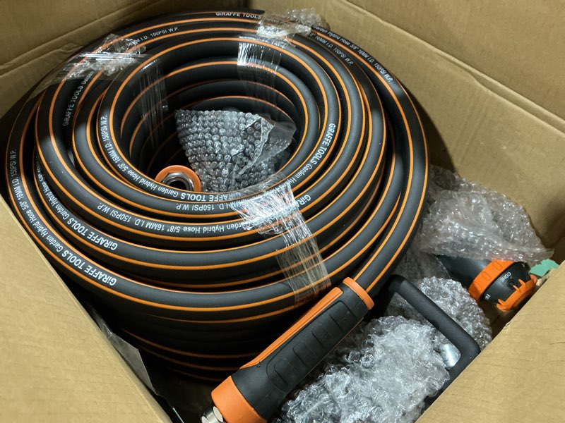 Condition photo showing Good Condition for giraffe tools garden hose 5/8", water hose heavy duty, flexible, lightweight hybrid hose with swivel handle, with watering timer nozzle and yard sprinkler, 100ft male to female fittings, burst 600 psi 100ft male to female set
