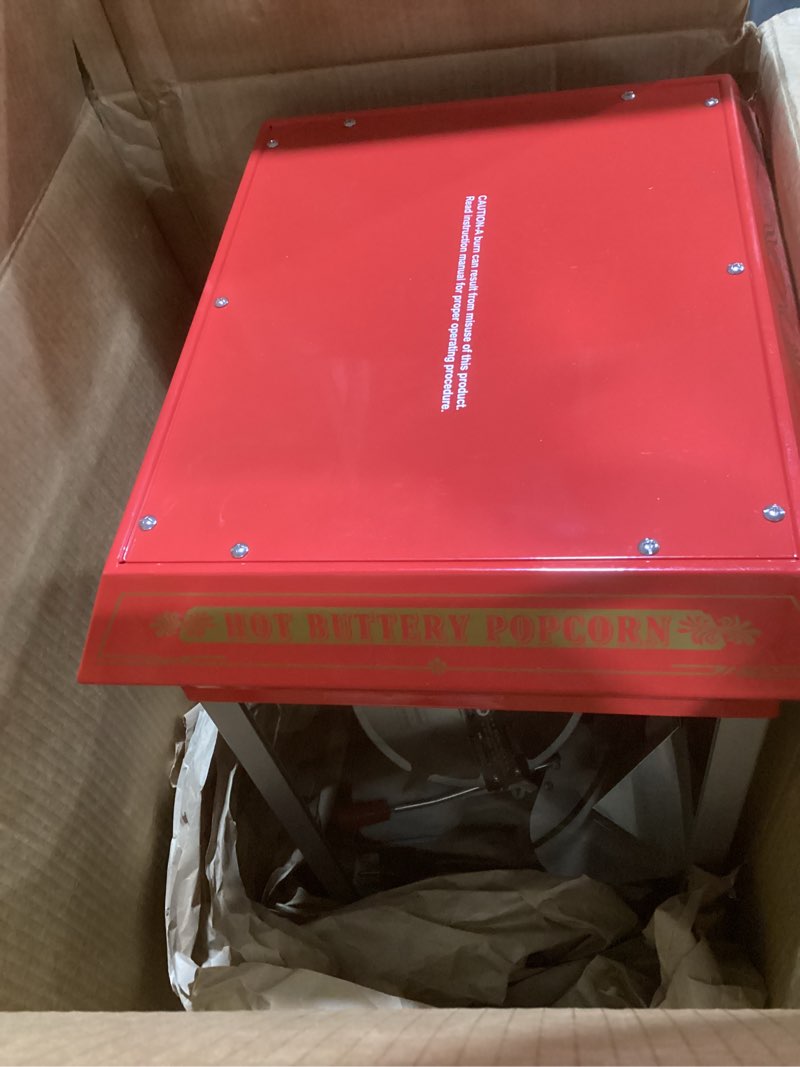 Condition photo showing As Is for VEVOR Popcorn Machine, 8oz Stainless Steel Kettle, 800W Commercial Countertop Popcorn Maker, 48 Cups per Batch Theater Style Popper, with 2-Button Control Glass Wall PC Door 1 Scoop 3 Spoons, Red