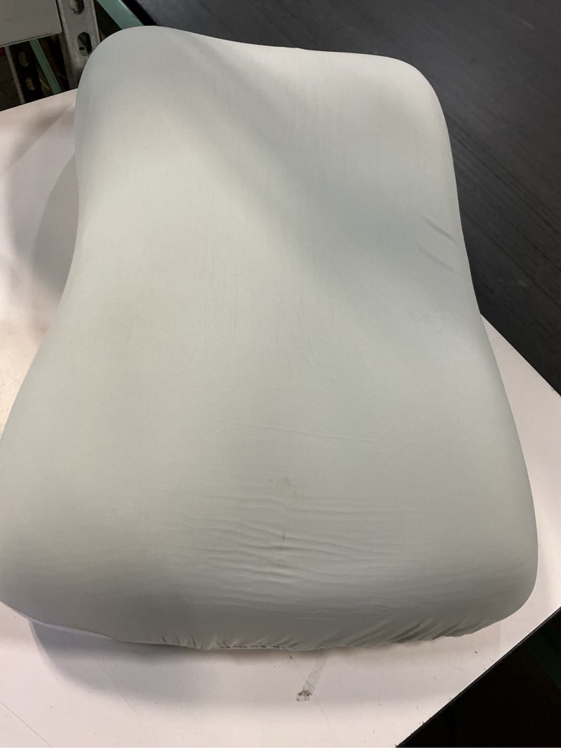 Condition photo showing As Is for c cushion lab deep sleep pillow, patented ergonomic contour design for side & back sleepers, orthopedic cervical shape gently cradles head & provides neck support & shoulder pain relief - calm grey