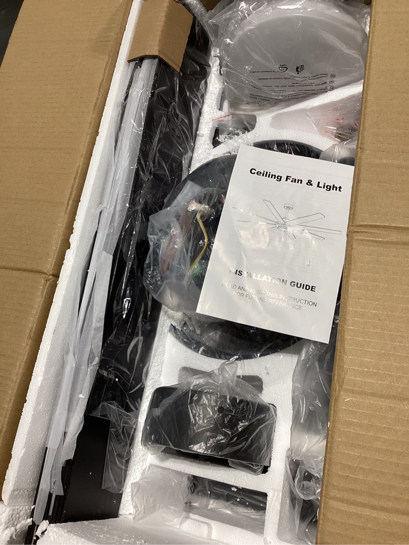 Condition photo showing New/Like New for 72 inch ceiling fan with light and remote smart app, indoor/outdoor large ceiling fan for living room patio, quiet dc motor natural 6 speeds, wobble-free heavy duty, 3cct dimmable, black modern fan 72 inch black 8 blades