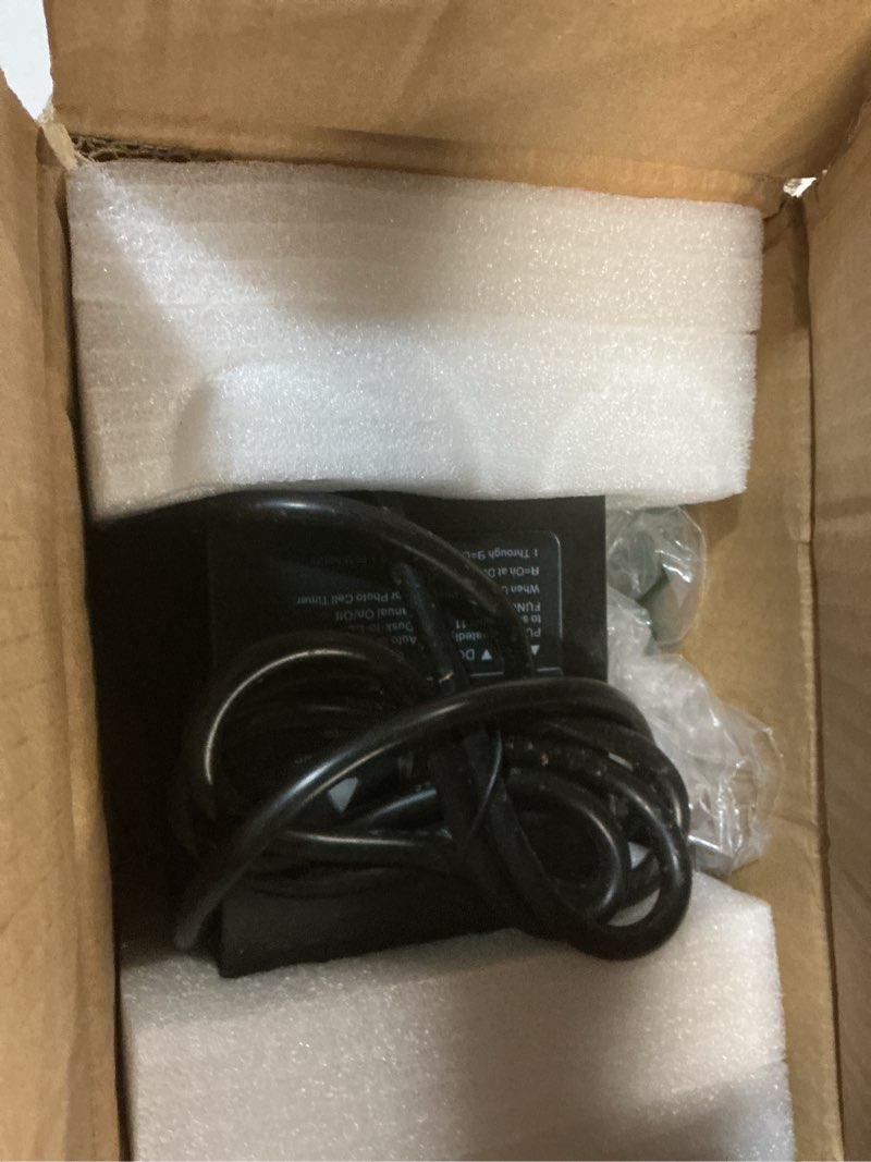 Condition photo showing As Is for 150w low voltage landscape transformer, outdoor landscape lighting transformer with photocell sensor & timer, 120v ac to 12v/15v ac, stainless steel waterproof transformer, black, etl listed