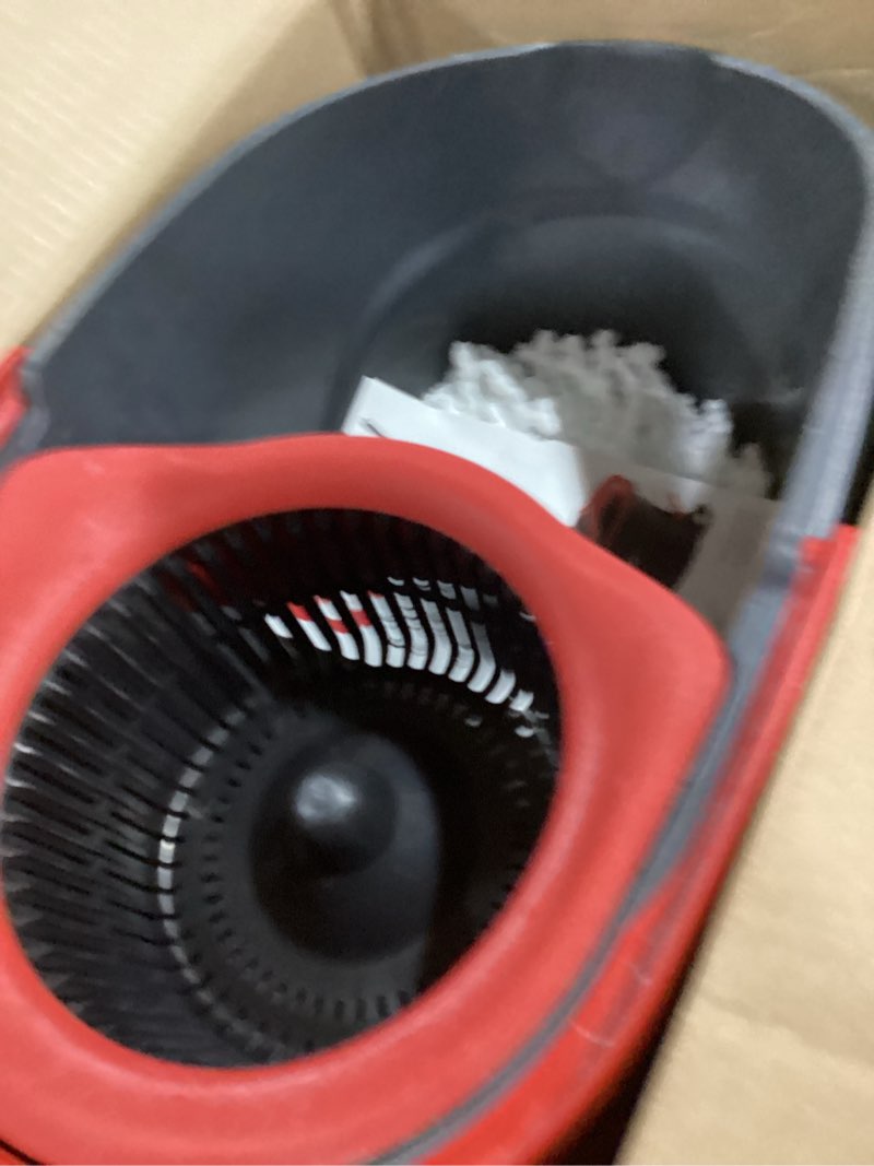 Condition photo showing As Is for o-cedar easywring microfiber spin mop & bucket floor cleaning system + 2 extra refills, red/gray spin mop & bucket with 2 extra refills