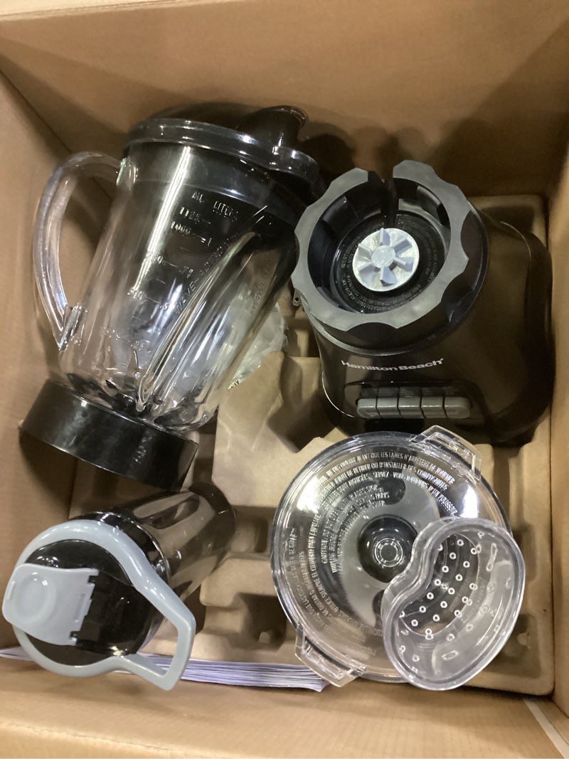 Condition photo showing Good Condition for hamilton beach blender for shakes and smoothies & food processor combo, with 40oz glass jar, portable blend-in travel cup & 3 cup electric food chopper attachment, 700 watts, gray & black (58163)