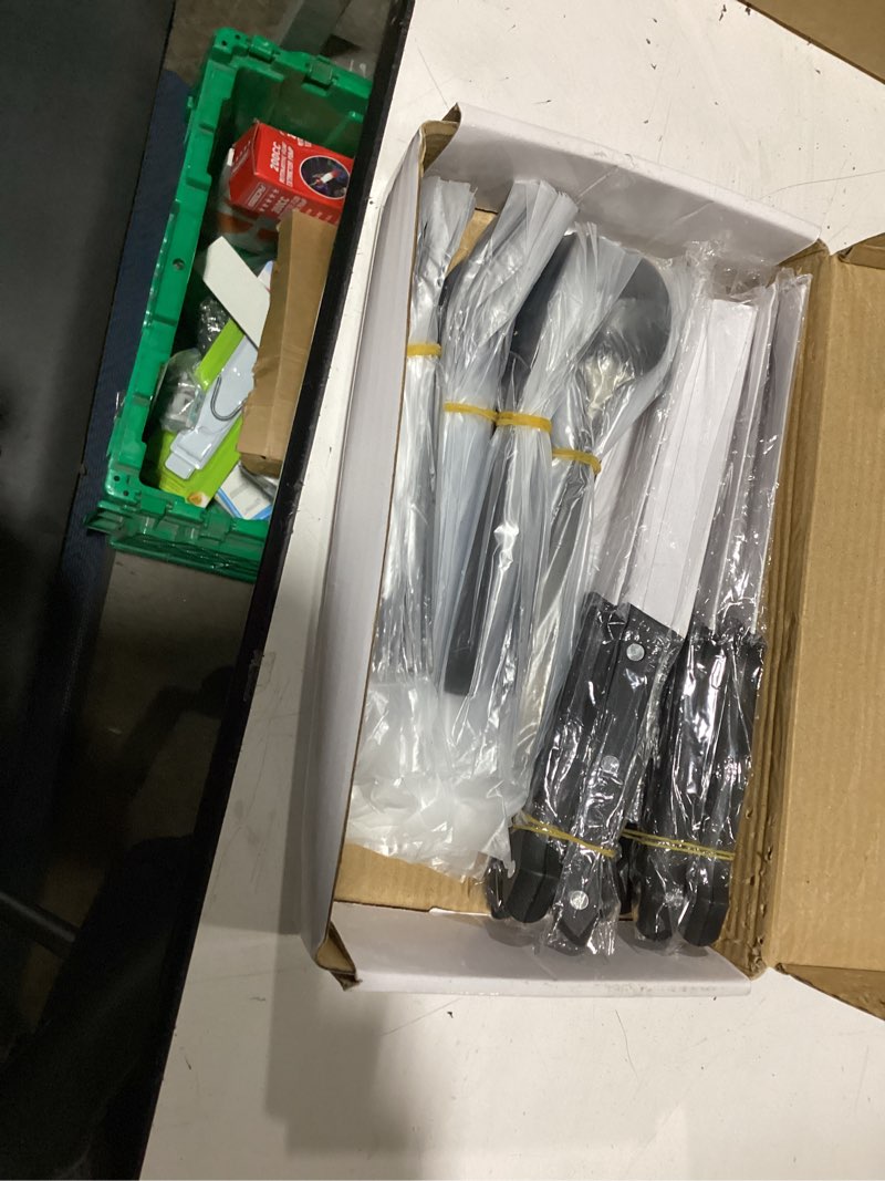 Condition photo showing New/Like New for hiware 48-piece matte black silverware set with steak knives, black flatware set for 8, stainless steel tableware cutlery set, utensil sets for kitchen