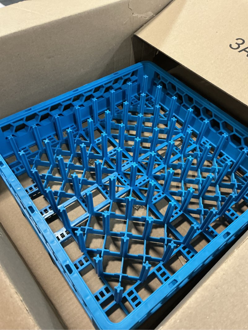 Condition photo showing As Is for carlisle foodservice products opticlean 25 compartment glass racks – fits 3.25" diameter red wine goblets, beverage glasses, rocks glasses, tamper proof restaurant kitchen, blue