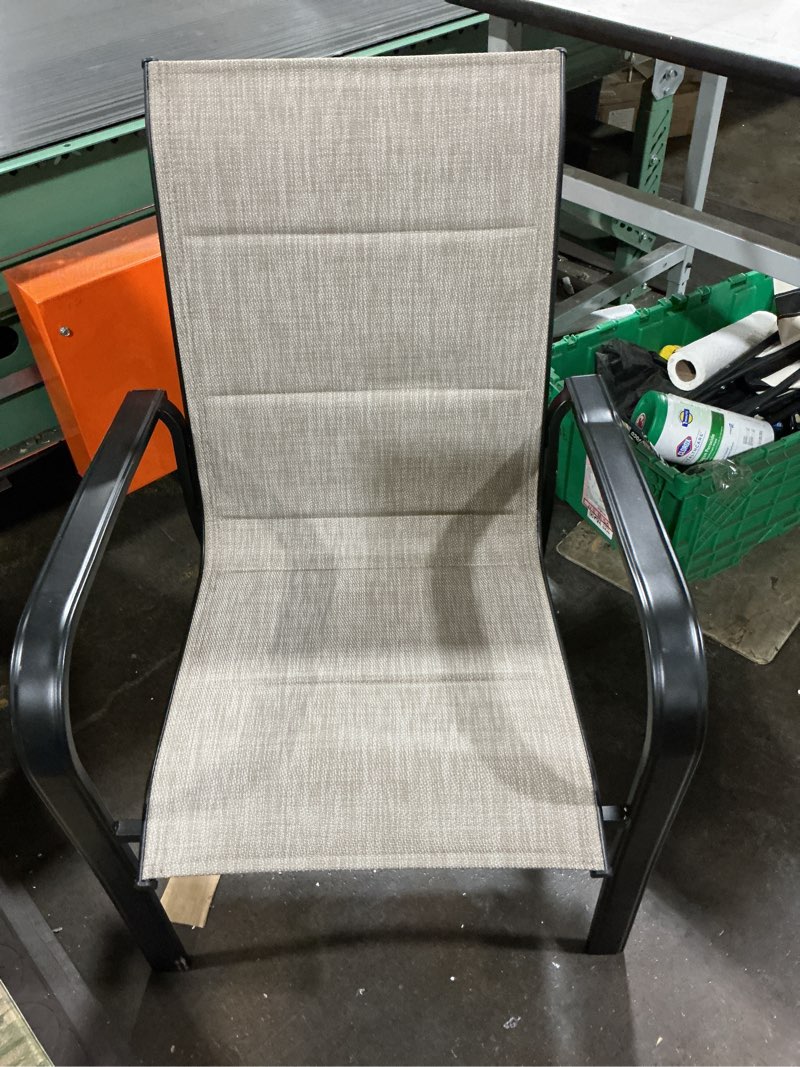 Condition photo showing As Is for style selections pelham bay stackable black metal frame stationary dining chair with tan padded