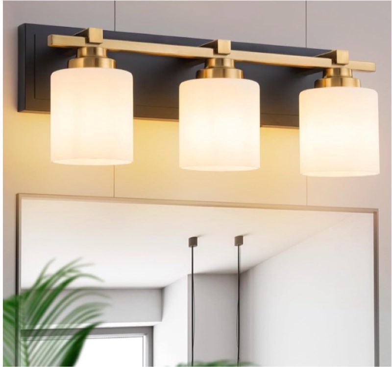 BrkNit 3 Light Modern Bathroom Light Fixtures Over Mirror, Black Gold Vanity Lights for Bathroom Wall Sconces with Milky White Glass Shades, E26 Socket (Bulbs Not Included