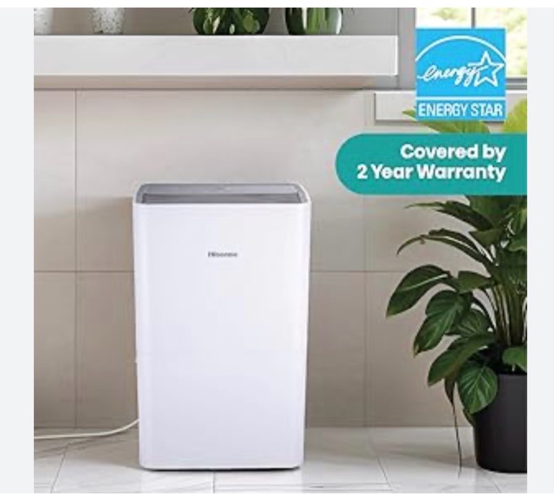 hisense energy star 50-pint portable dehumidifier with auto-shutoff and timer, home dehumidifier and moisture absorber for basement, garage, living room in white