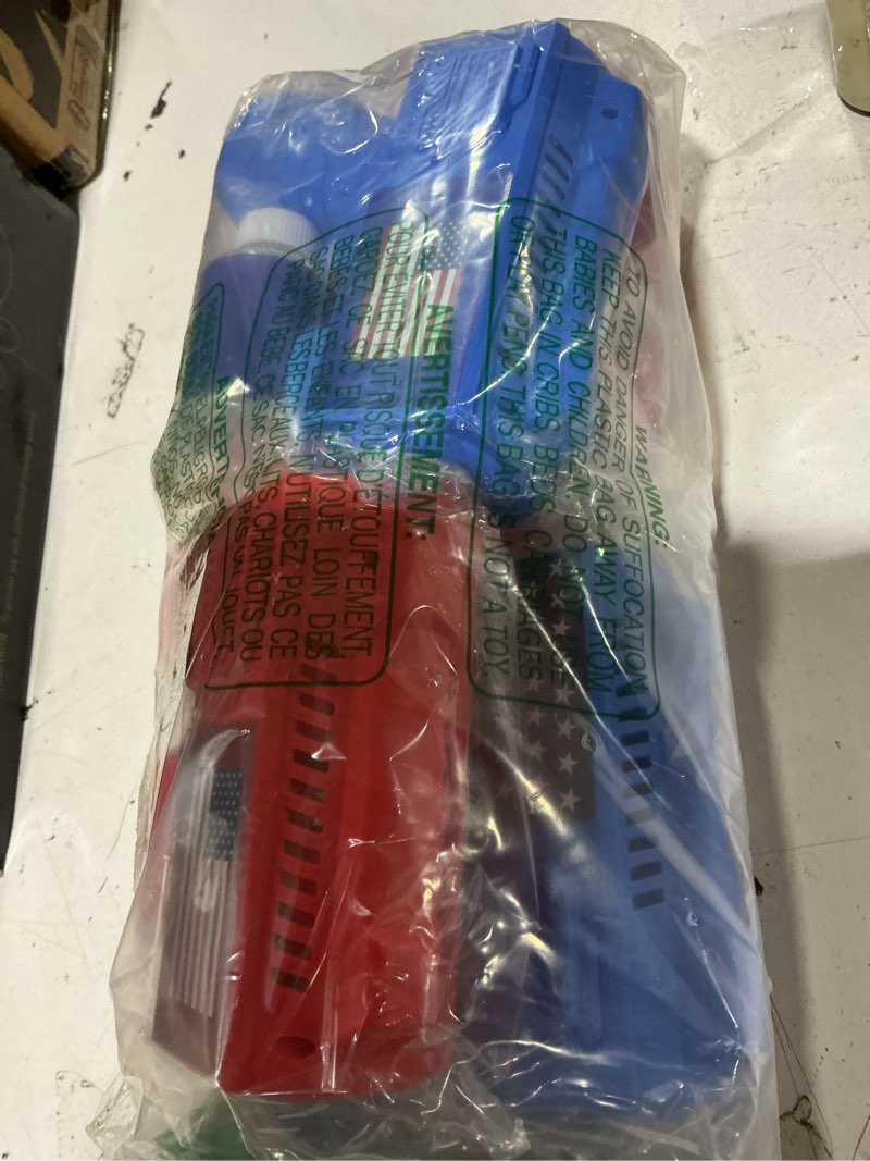Condition photo showing Good Condition for 4 pack 4th of july party favor bubble guns with red white blue star american flag electric gun with 4 bubble solution for 250th anniversary patriotic independence day(4th of july)