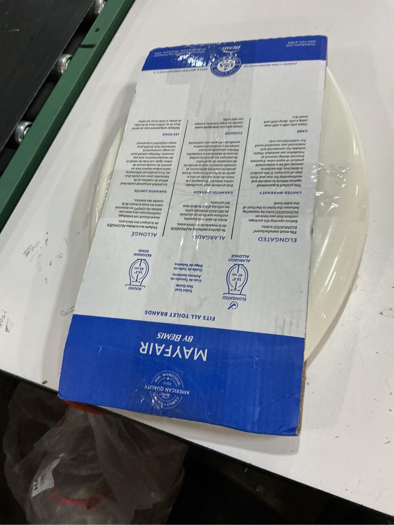 Condition photo showing As Is for mayfair aurora slow close toilet seat, easy clean hinges and adjustable perfect fit plastic seat, made in usa, elongated, biscuit