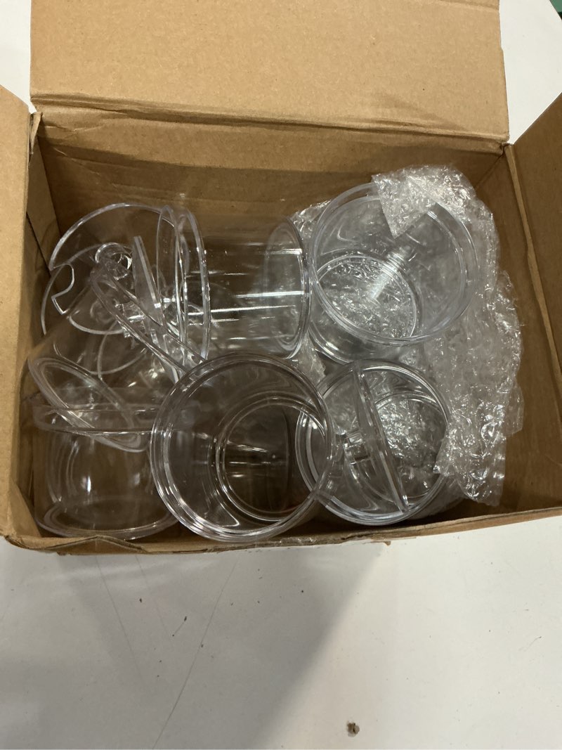 Condition photo showing Good Condition for 12 pcs clear sugar bowls with lid and spoon and acrylic display risers 7.1 oz topping containers with tag and 4 tier acrylic shelf stand for kitchen hot cocoa bar ice cream bar supplies