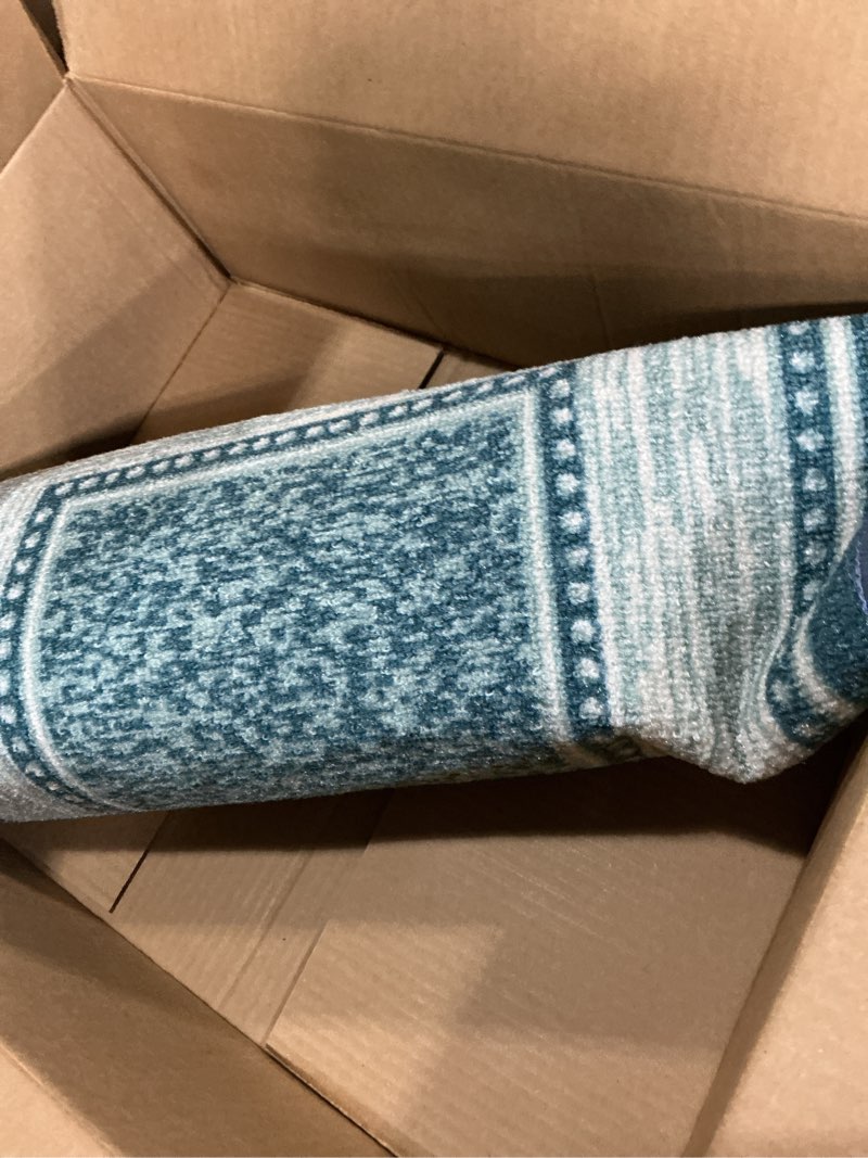 Condition photo showing Good Condition for ottomanson kitchen runner rug 20" x 59" – non slip rubber backed kitchen rug runner for sink area, laundry room, entryway, low pile indoor floor runner, border blue border blue 1'8" x 4'11" (runner)
