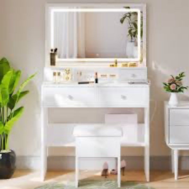 Haewon Small Vanity Desk with Mirror and Lights, White Makeup Vanity with Charging Station, Dressing