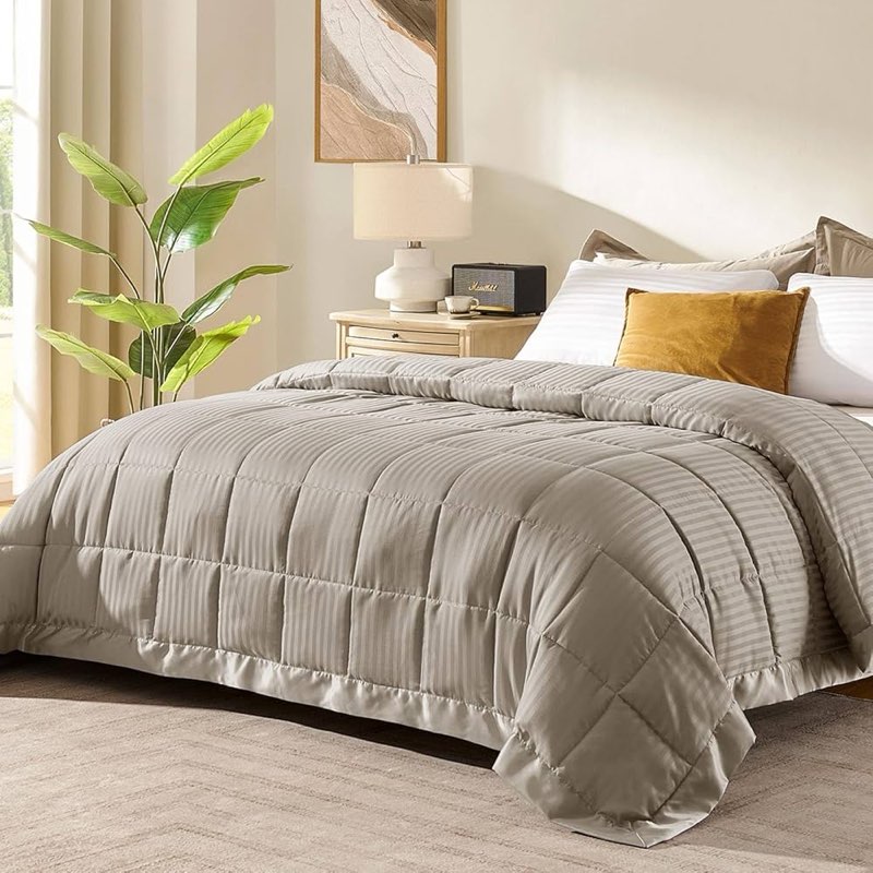 lightweight down alternative blanket with satin trim size: king, color: mocha