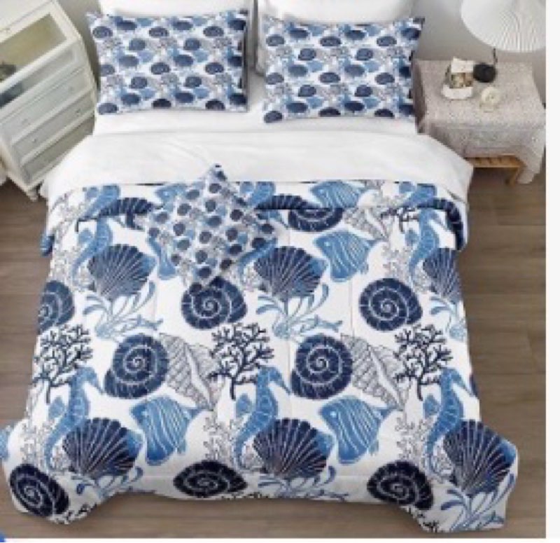 Ocean Theme Queen Size Bed in a Bag Coastal Bedding Set Cartoon Shell Home Decor Ocean Theme Down comforter set white sheet set with 1 cushion cover 8 pcs 