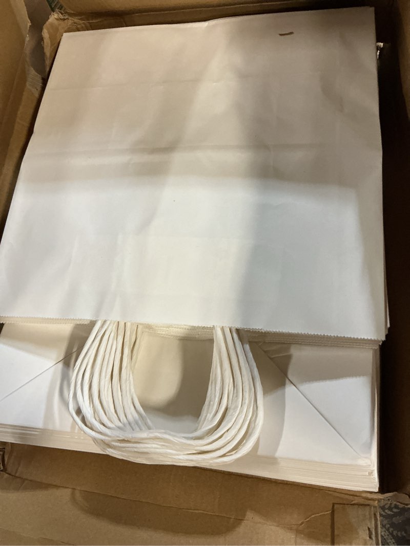 Condition photo showing New/Like New for paicuike 50 pcs white kraft paper bags with handles, 11x6x11 inch shopping gift bags for valentine’s day, retail, parties, weddings, birthdays, gift packaging white 11x6x11"-50pcs