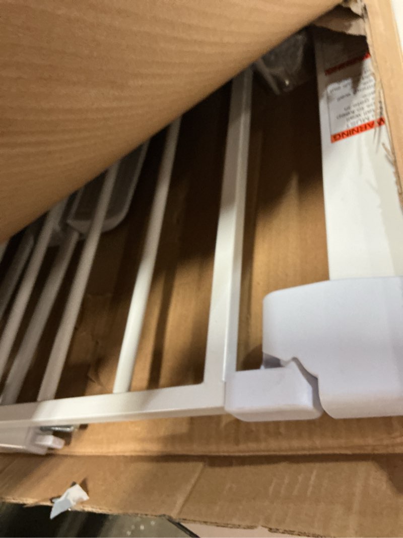 Condition photo showing As Is for cumbor 29.7-46" baby gate for stairs, toddler safety essentials for the house, auto close dog gate for doorways, mom's choice awards winner-easy install pressure mounted pet gates for dogs, white white 29.7"-46"w x 30.5"h