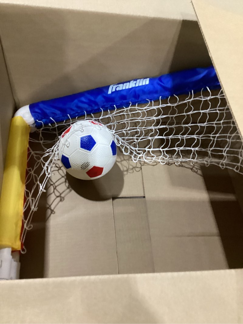 Condition photo showing As Is for missing parts no air pump franklin sports kids soccer goal with ball & pump - 24 x 16 red/blue/yellow