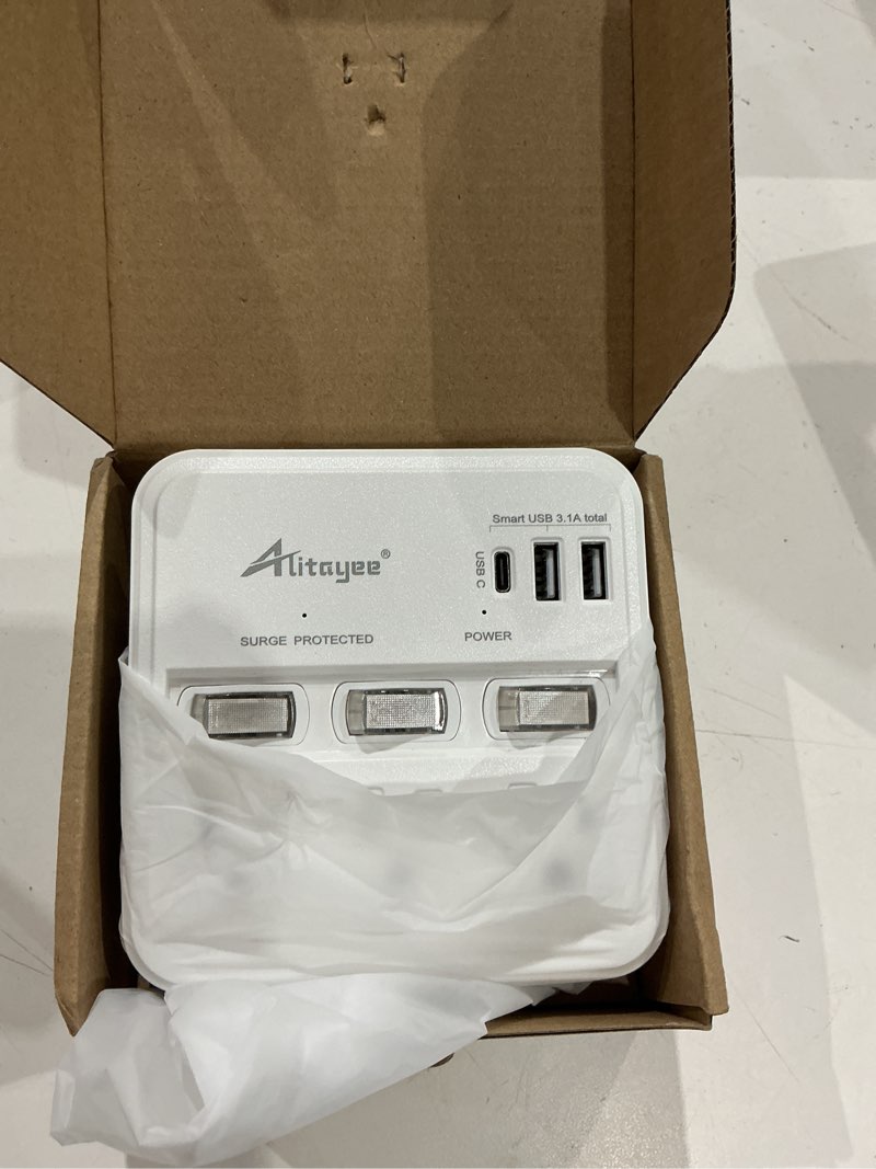 Condition photo showing Good Condition for alitayee wall outlet extender surge protector, usb power strips with individual switches and 15.5w type-c fast charging ports for cell phone,home,office,dorm etl listed white
