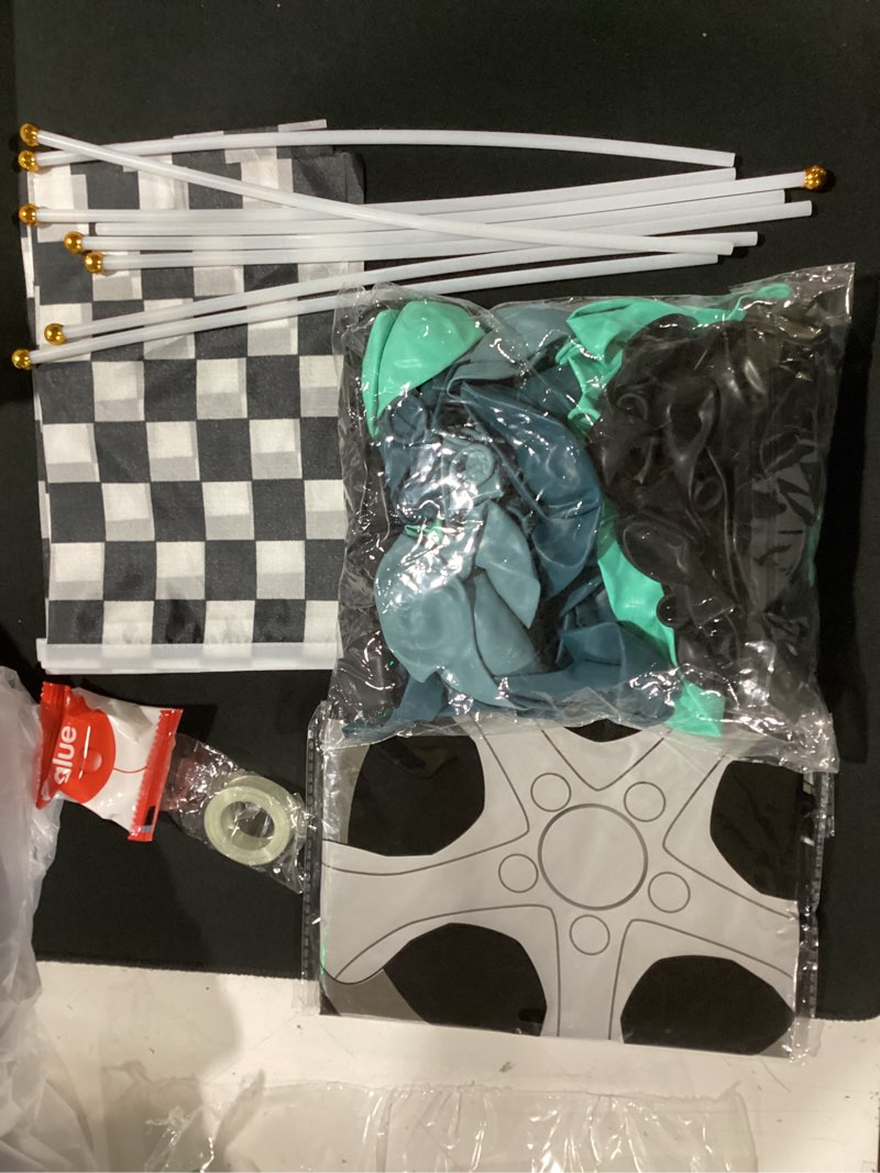Condition photo showing Good Condition for race car balloon garland arch kit dusty blue black balloons with race car happy birthday banner checkered flags for race car two fast birthday party decorations