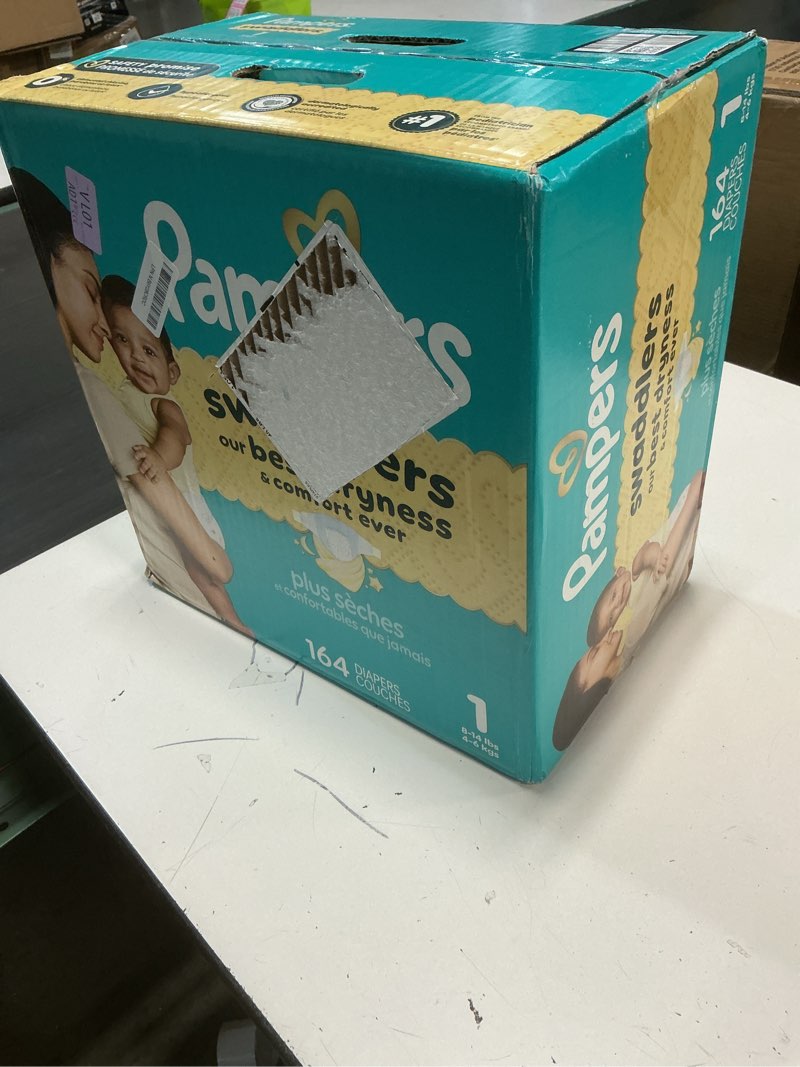 Condition photo showing New/Like New for pampers swaddlers diapers, size 1 (8-14 lbs), 164 count, absorbent, keeps baby dry and comfortable, skin safe disposable baby diaper size 1 164