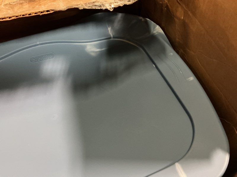 Condition photo showing As Is for 5 pack sterilite storage bin, 18 gallon plastic storage container with snap-on lid, light blue