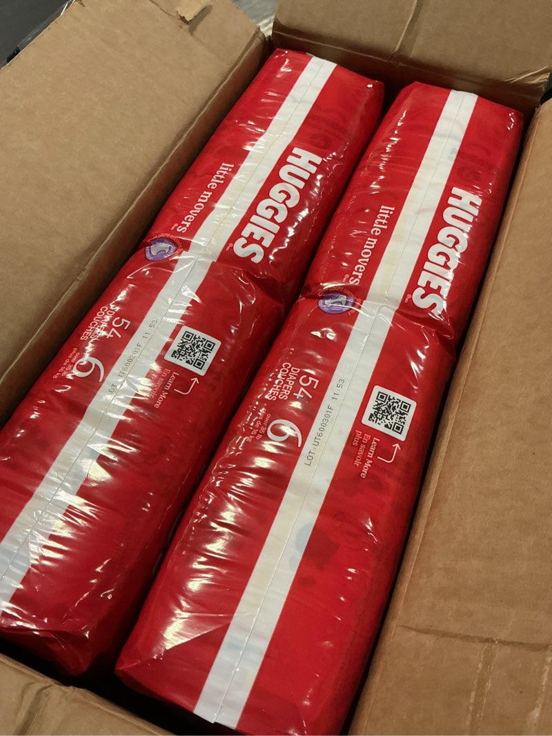 Condition photo showing New/Like New for huggies size 6 diapers, little movers baby diapers, size 6 (35+ lbs), 108 count (2 packs of 54), packaging may vary