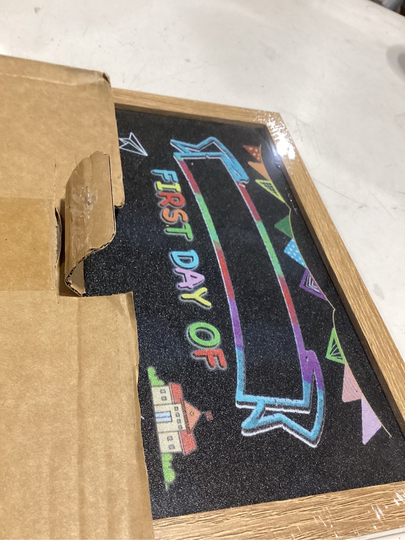 Condition photo showing As Is for first and last day of school board sign– double-sided chalkboard 10"x12", reusable back to school supplies with solid wood frame, includes 6 colorful liquid markers for all grades student large(10"x12")