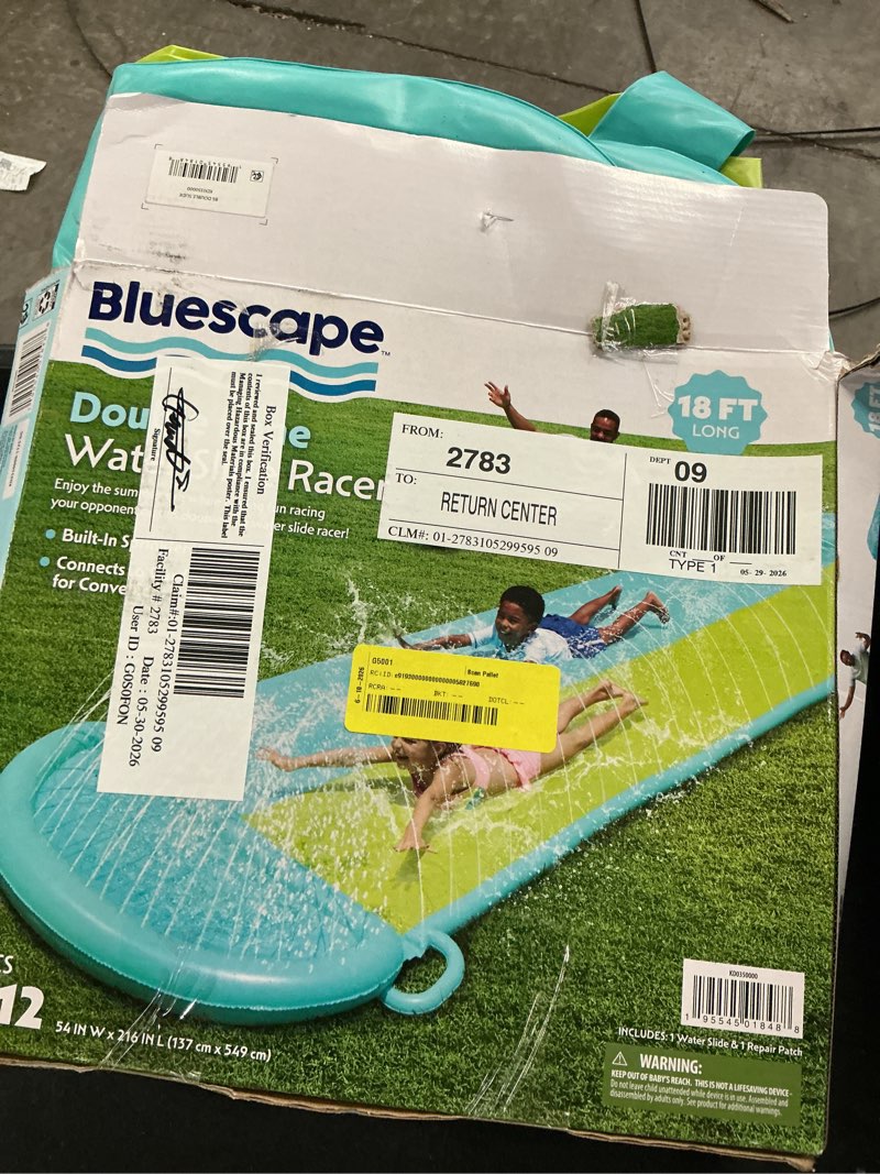 Condition photo showing As Is for bluescape 18ft blue double lane water slide racer, with sprinklers, age 5 to 12, unisex