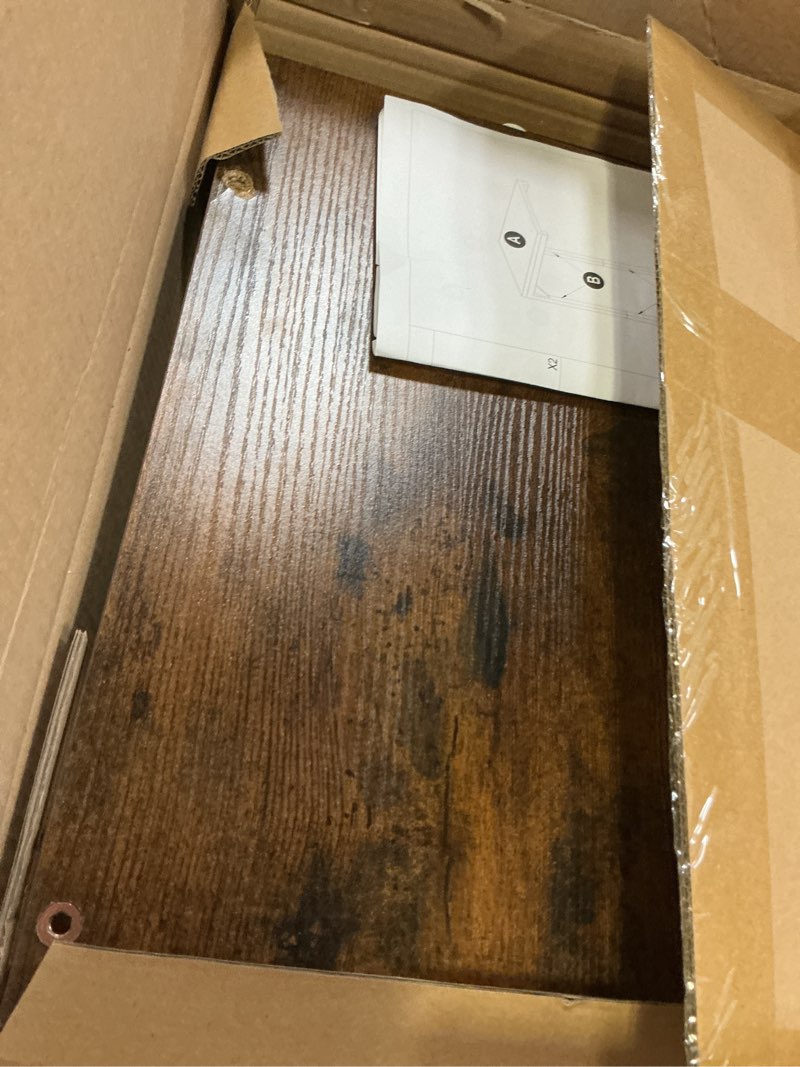Condition photo showing As Is for simple trending c shaped end table for couch, small side table tv tray table with metal frame for living room, bedroom, rustic brown wood c shape